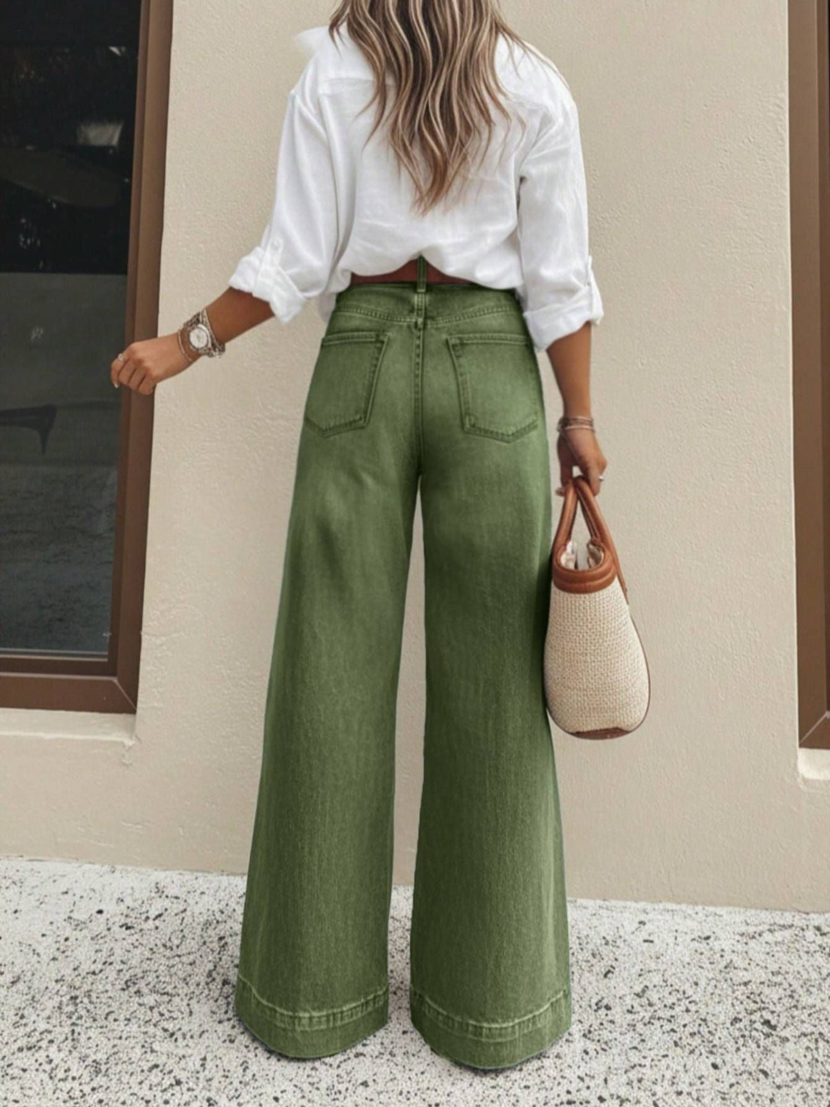 Vintage Washed Green High Waist Wide Leg Jeans Women Loose Floor-Length Denim Pants Casual Relax Fit Pocket Retro Denim Trousers