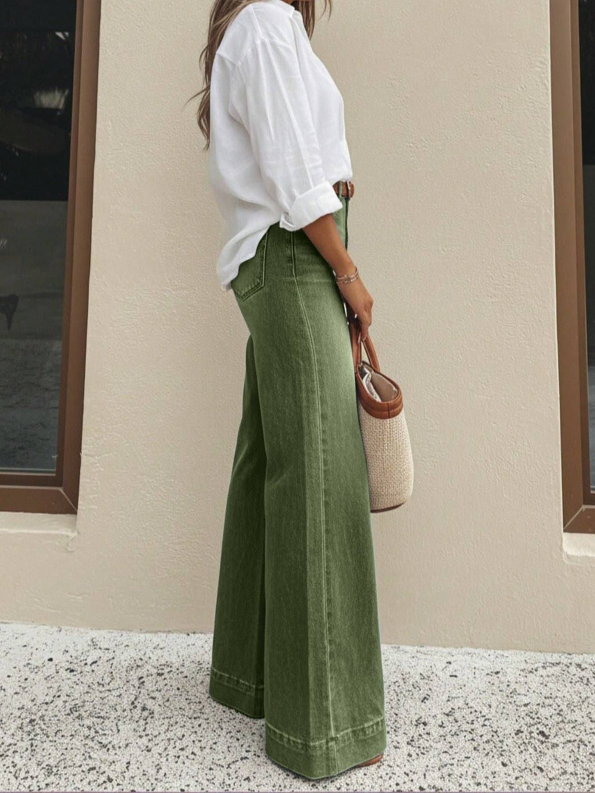 Vintage Washed Green High Waist Wide Leg Jeans Women Loose Floor-Length Denim Pants Casual Relax Fit Pocket Retro Denim Trousers