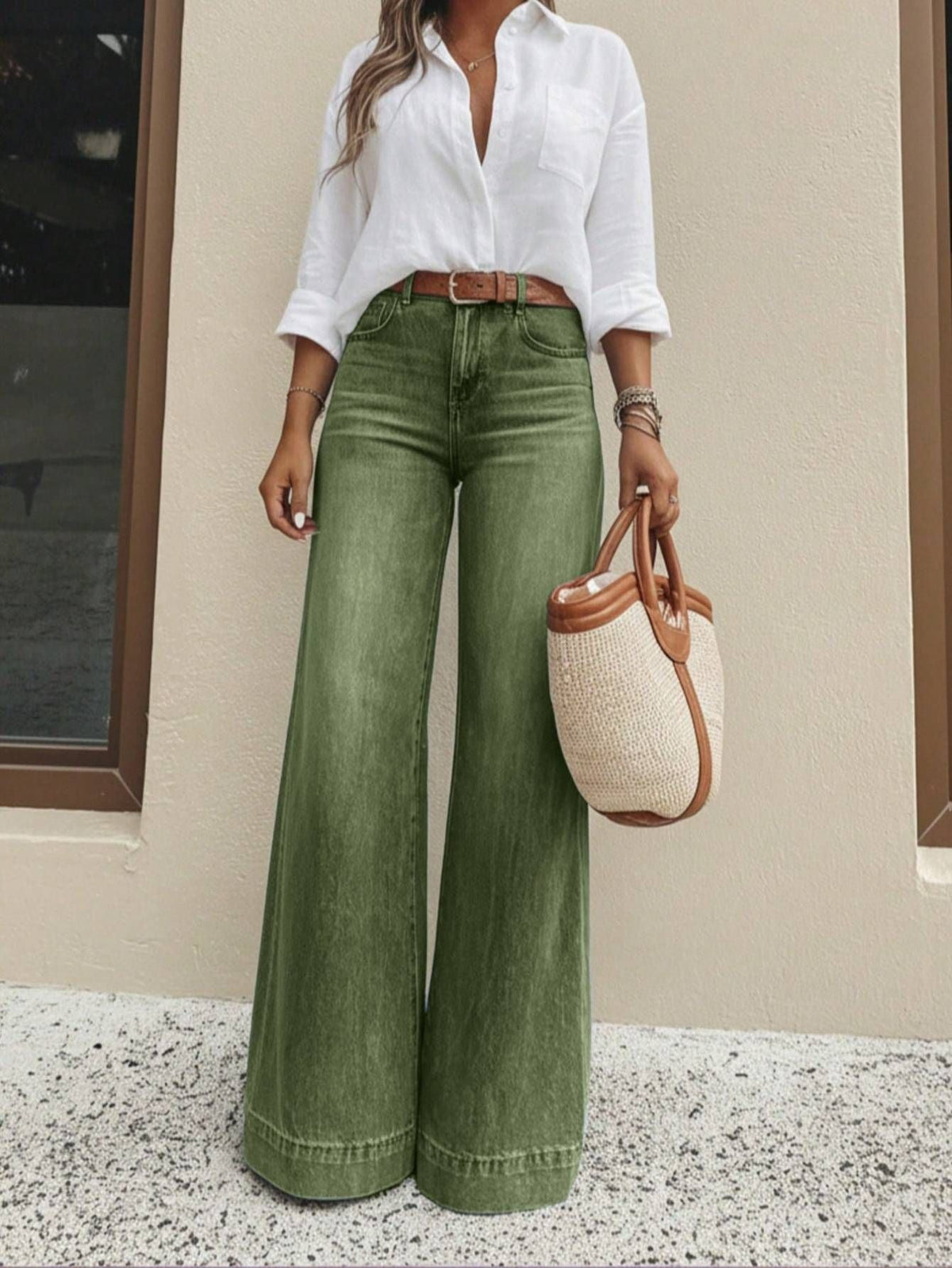 Vintage Washed Green High Waist Wide Leg Jeans Women Loose Floor-Length Denim Pants Casual Relax Fit Pocket Retro Denim Trousers