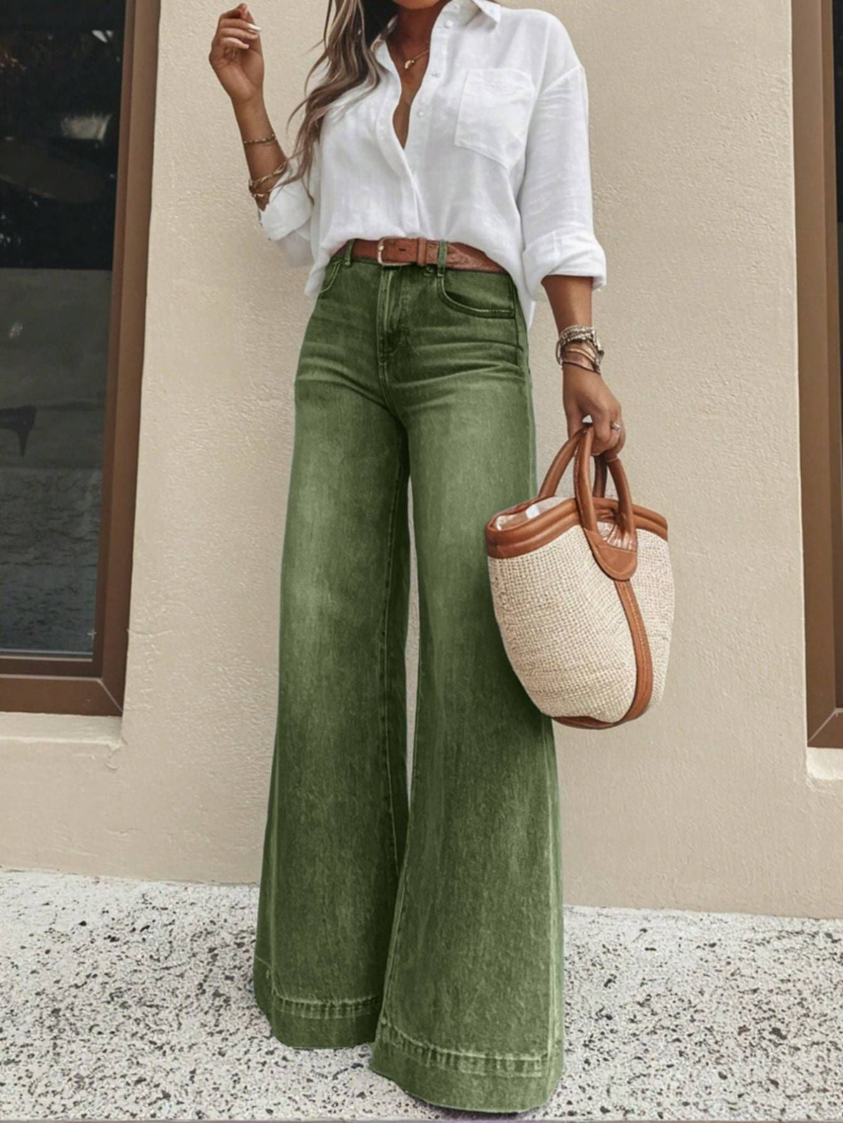 Vintage Washed Green High Waist Wide Leg Jeans Women Loose Floor-Length Denim Pants Casual Relax Fit Pocket Retro Denim Trousers